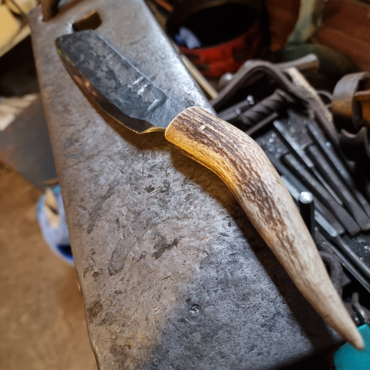 Large Hand-Forged Antler Handle Knife