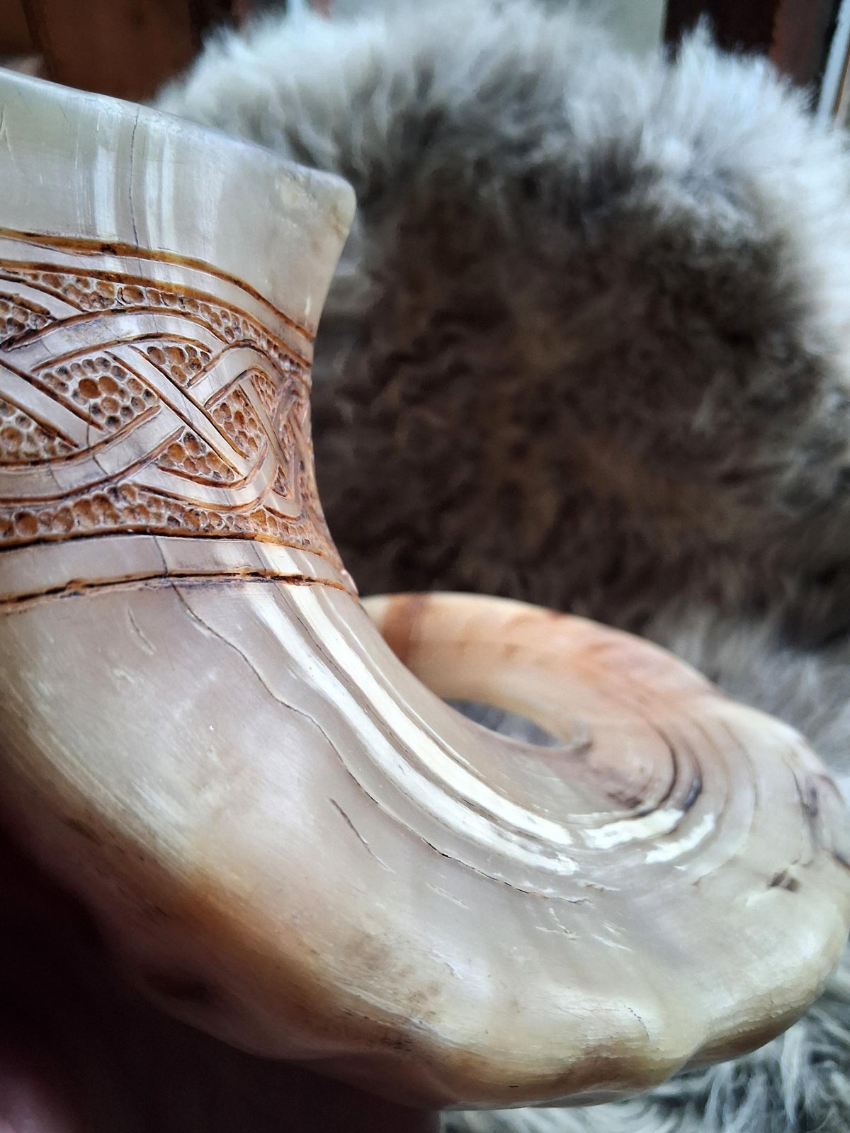 Hand-carved Orkney Boreray ram horn, detail photograph 5