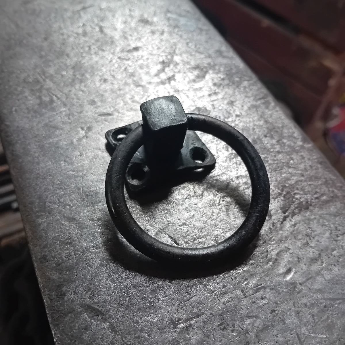 Hand-forged iron ring pull handle, view 4