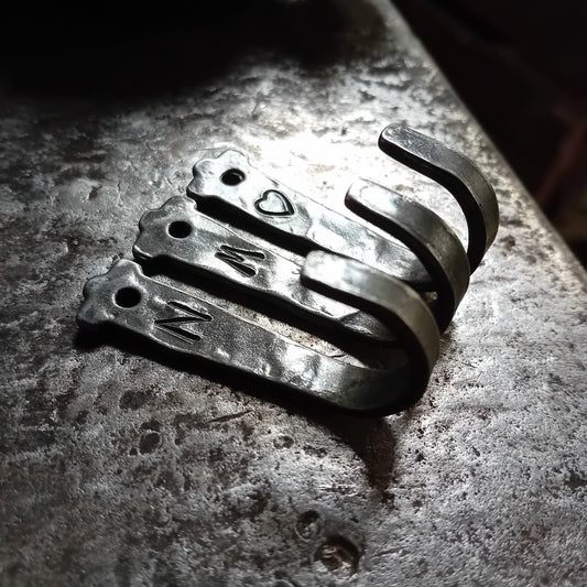 Hand-forged hooks with letter and heart designs