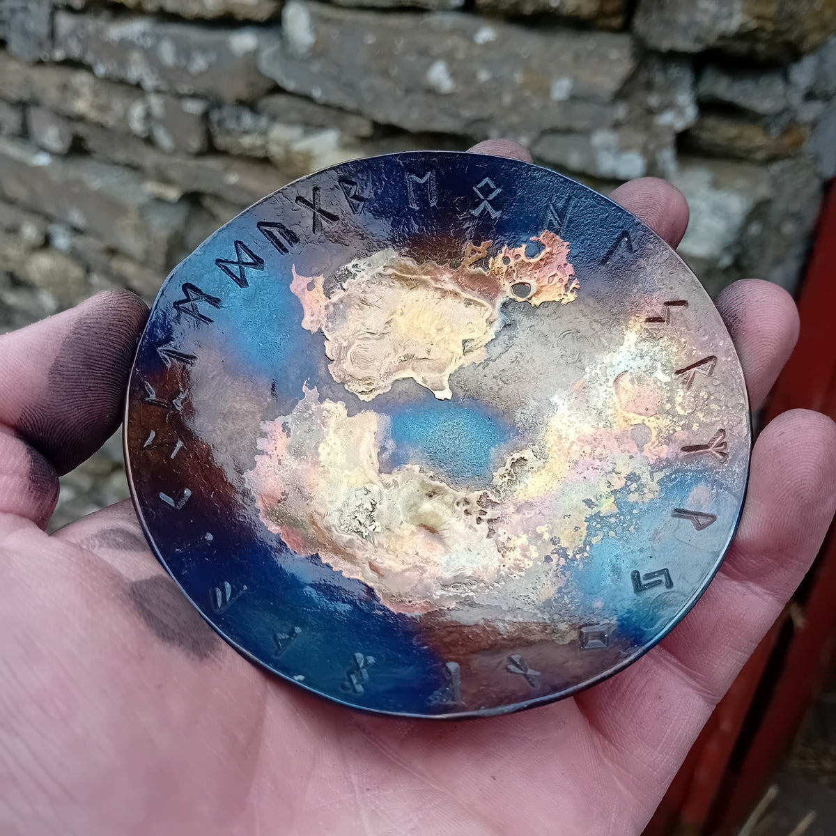 Hand-forged Rune Galaxy Bowl with golden brass textures and heat-coloured steel