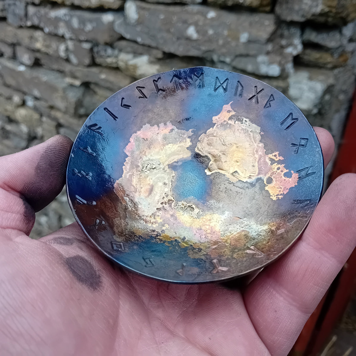 Small decorative Rune Galaxy Bowl showing runic rim and unique galaxy surface