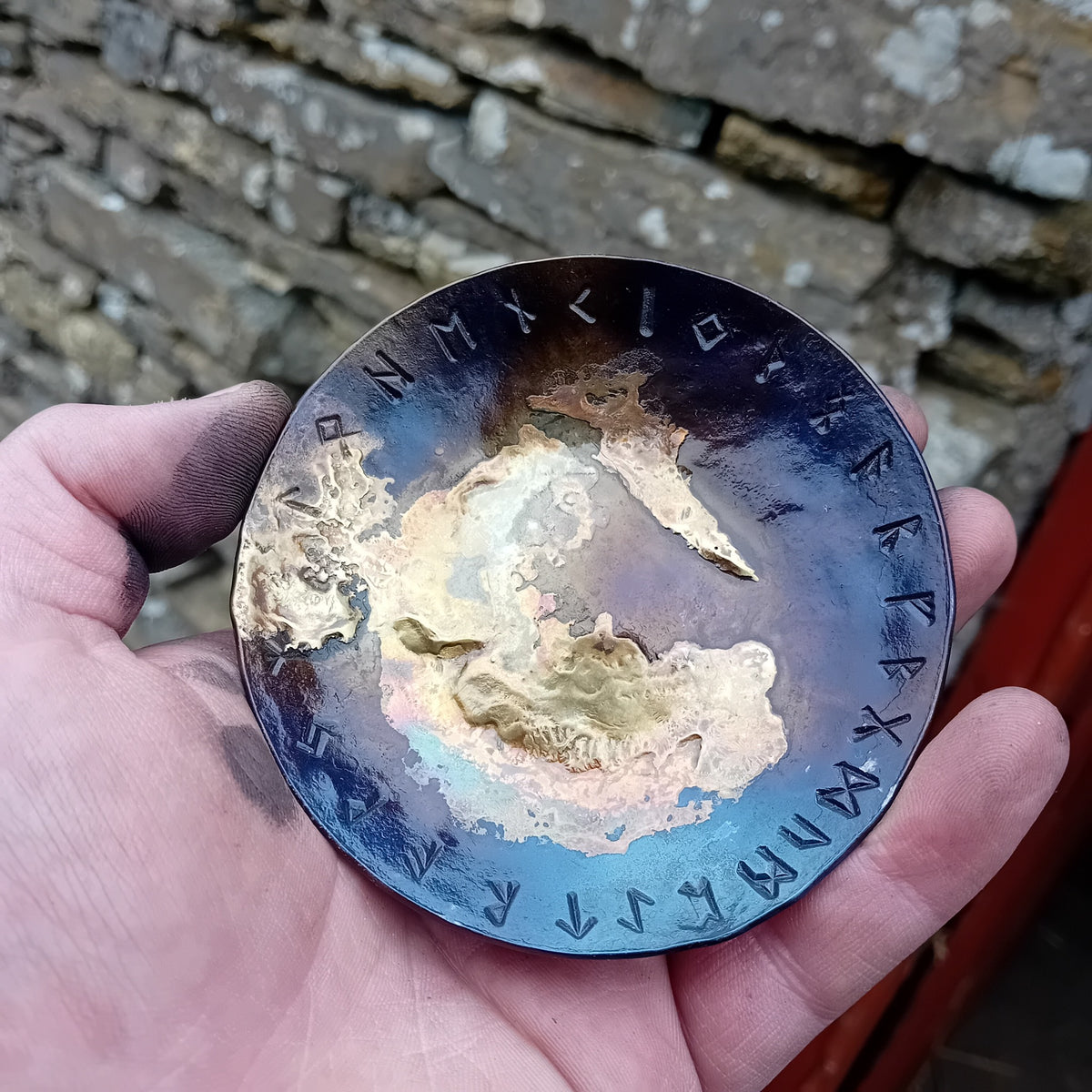 Alternative Rune Galaxy Bowl with blue heat colours and fused brass centre